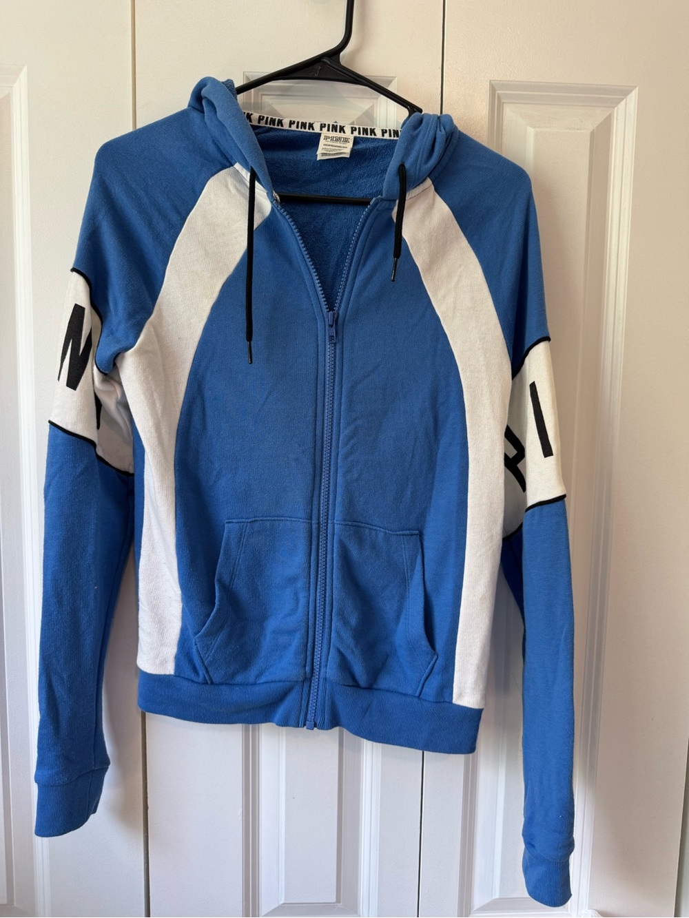 PINK Victoria's Secret Blue and White Full-Zip Hoodie Jacket